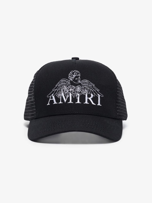 Black Embroidered Cherub Trucker Cap