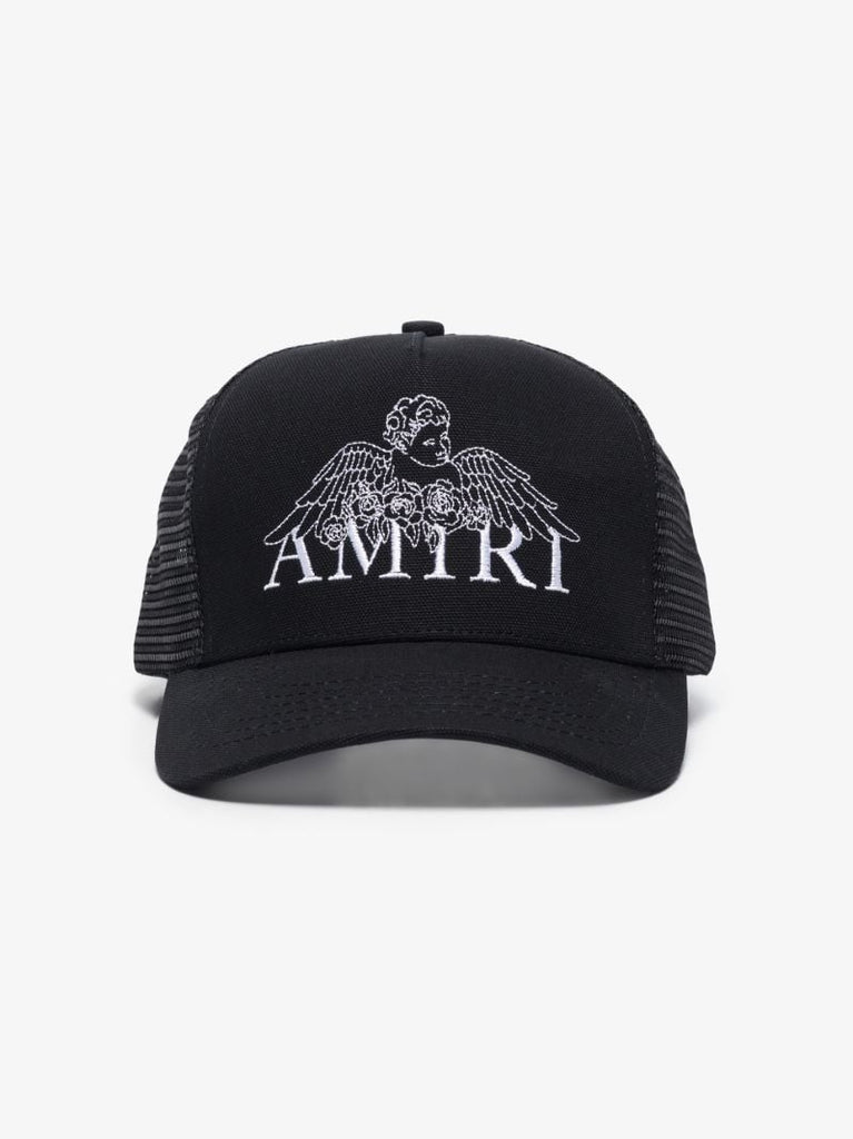Black Embroidered Cherub Trucker Cap