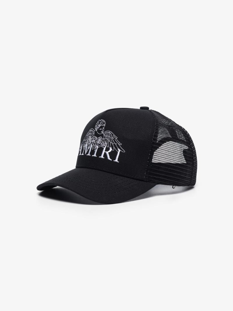 Black Embroidered Cherub Trucker Cap