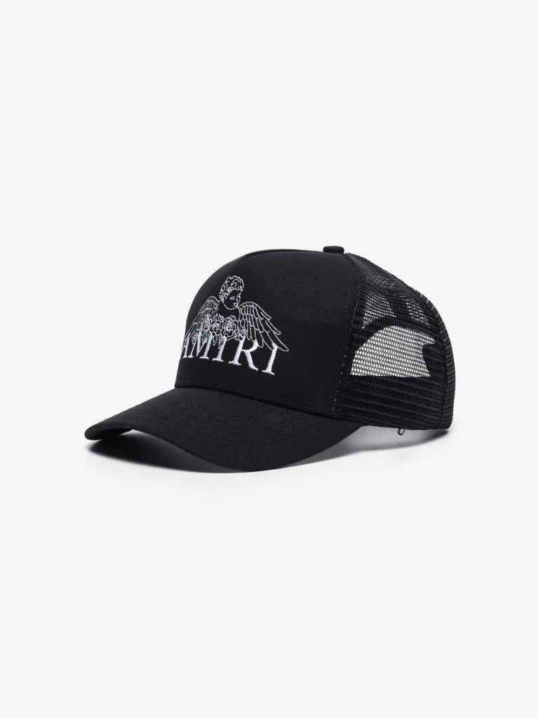 Black Embroidered Cherub Trucker Cap