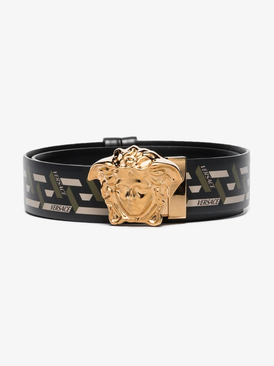 Black Medusa Monogram Print Leather Belt