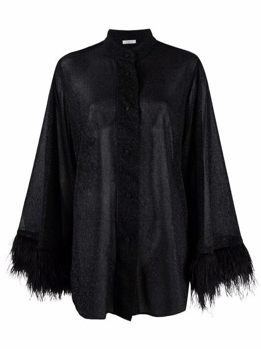 Black Feather-trim Semi-sheer Blouse