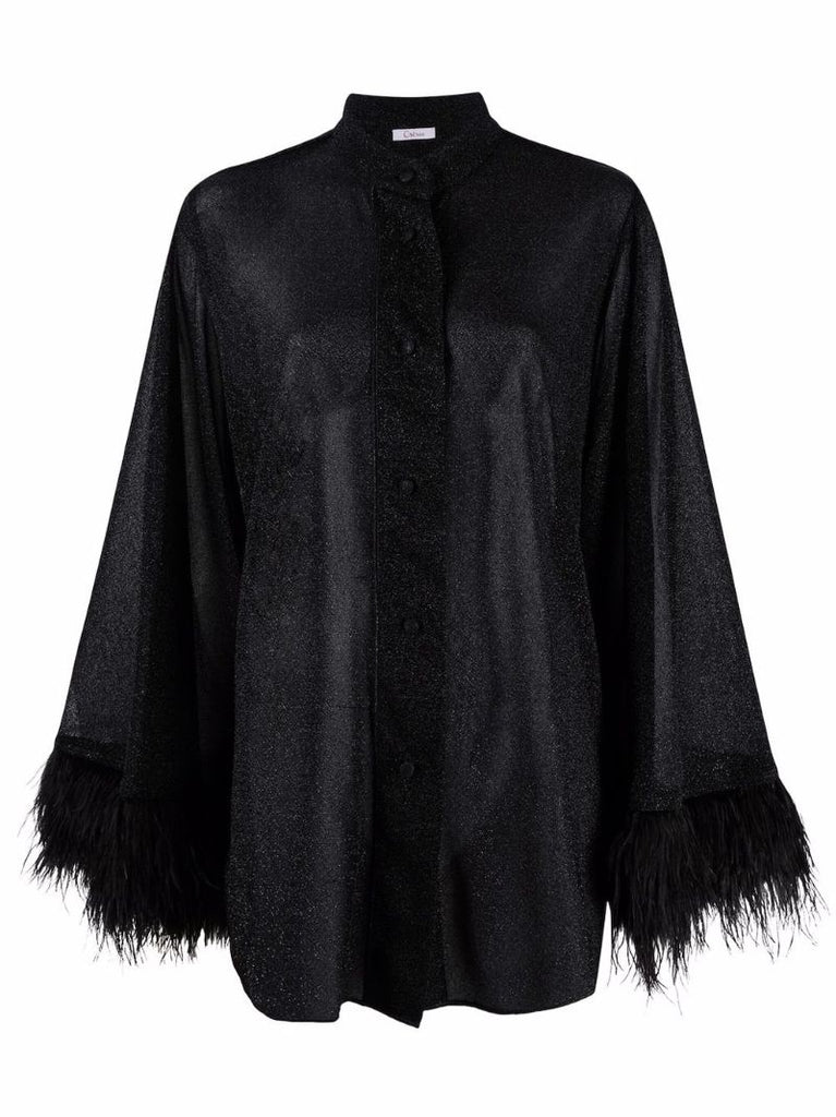 Black Feather-trim Semi-sheer Blouse
