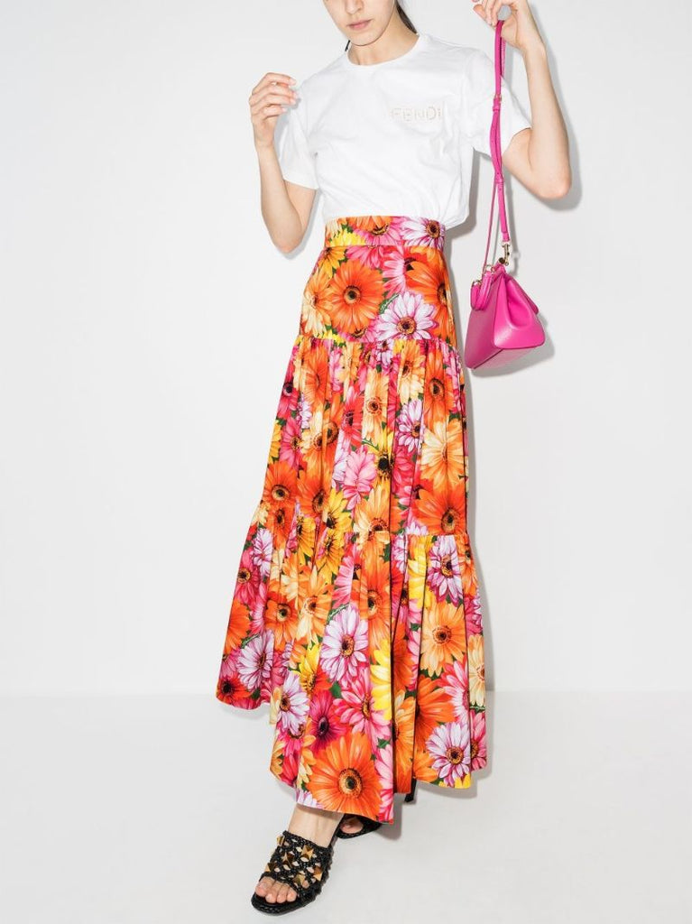 High Waist Gerbera Print Maxi Skirt