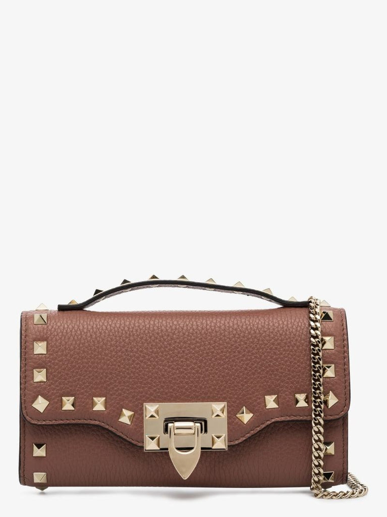Brown Rockstud Leather Cross Body Bag
