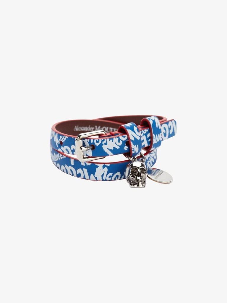 Blue Graffiti Logo Leather Wrap Bracelet