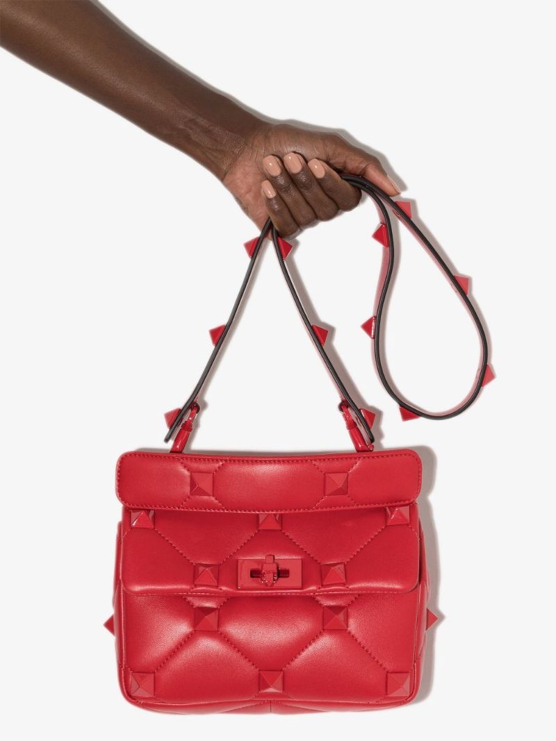 Red Roman Stud Medium Leather Shoulder Bag