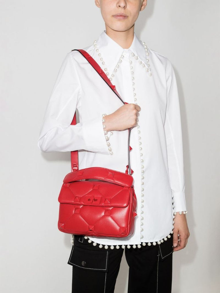 Red Roman Stud Medium Leather Shoulder Bag