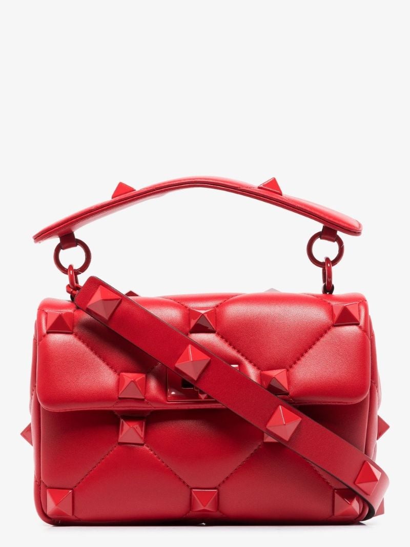 Red Roman Stud Medium Leather Shoulder Bag