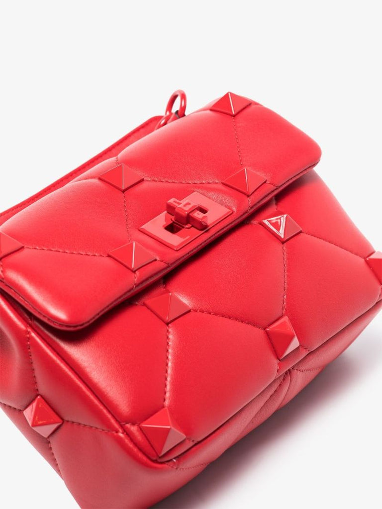 Red Roman Stud Medium Leather Shoulder Bag