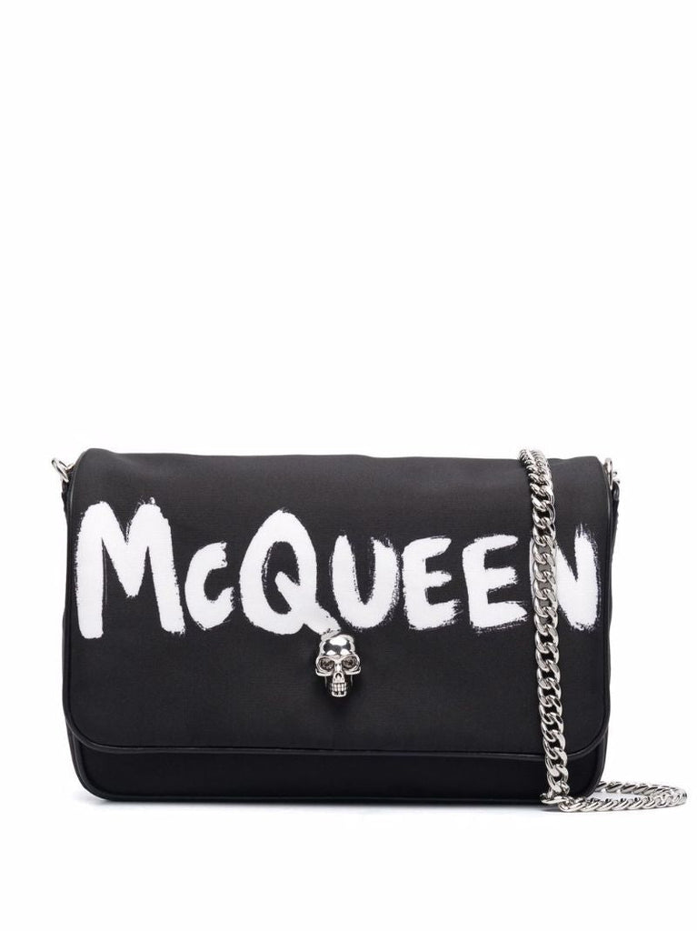 Black Graffiti Logo Leather Cross Body Bag