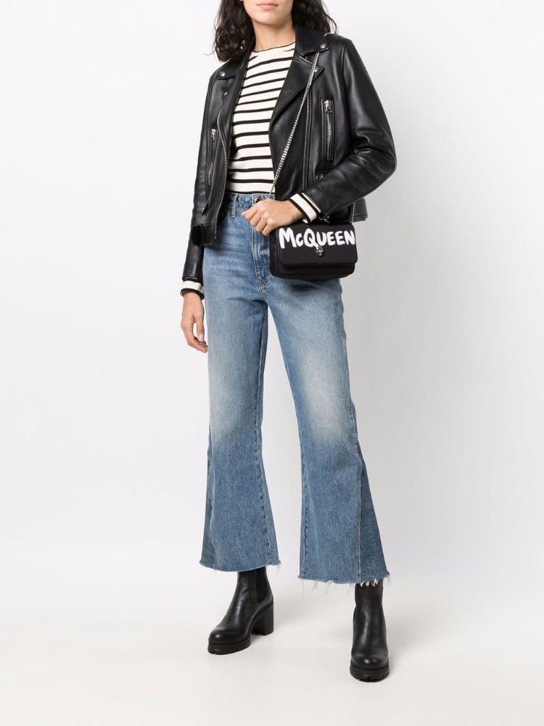 Black Graffiti Logo Leather Cross Body Bag