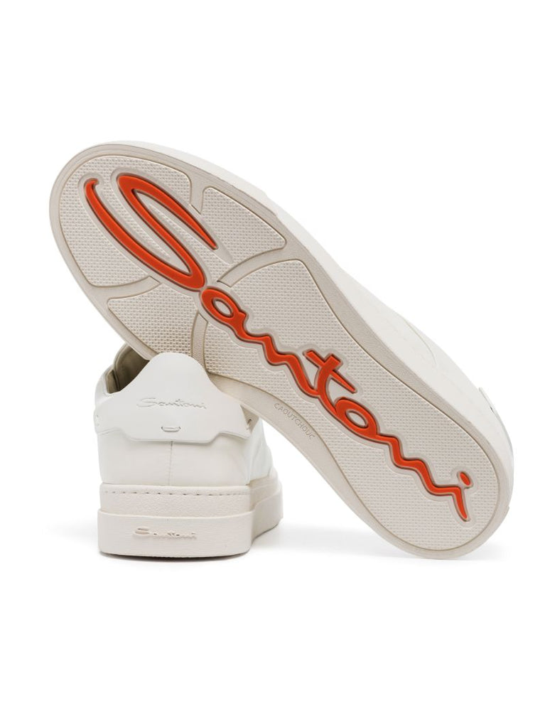 White Embroidered Low Top Leather Sneakers