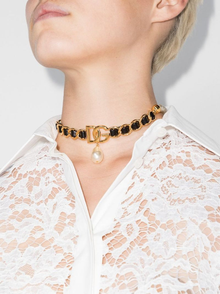 Gold Tone Dg Leather and Pearl Chain Choker Necklace