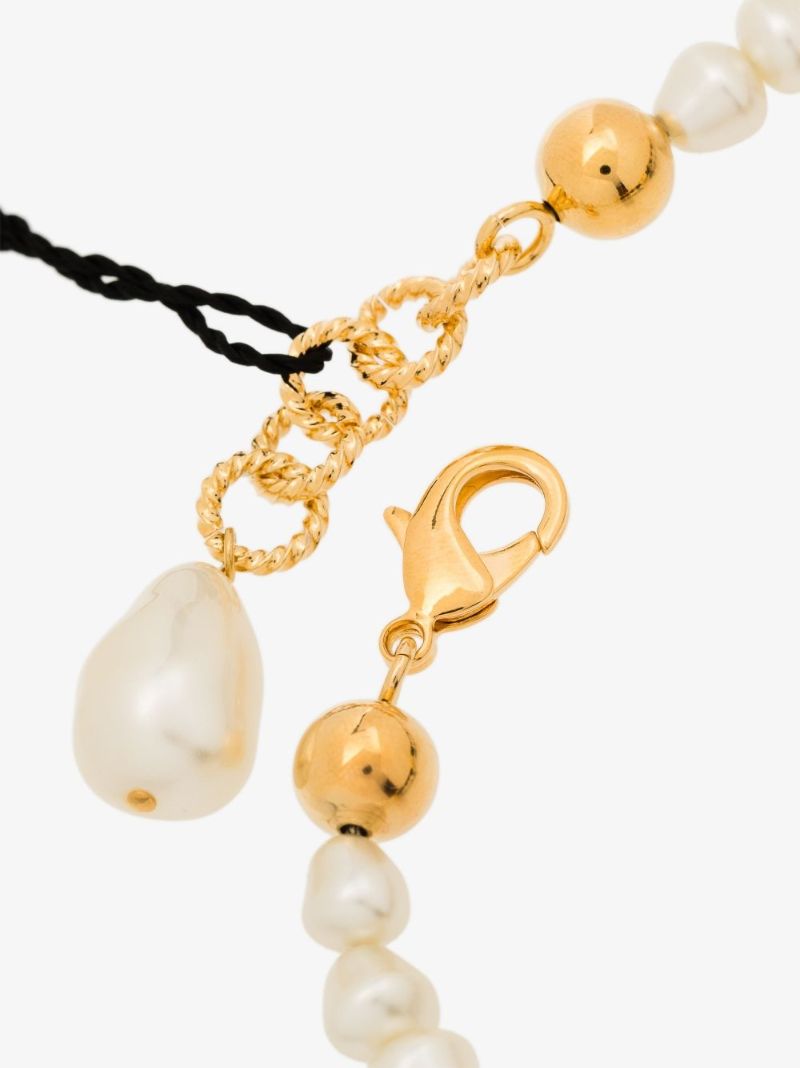 Gold Tone Dg Leather and Pearl Chain Choker Necklace