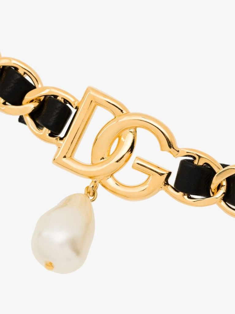 Gold Tone Dg Leather and Pearl Chain Choker Necklace
