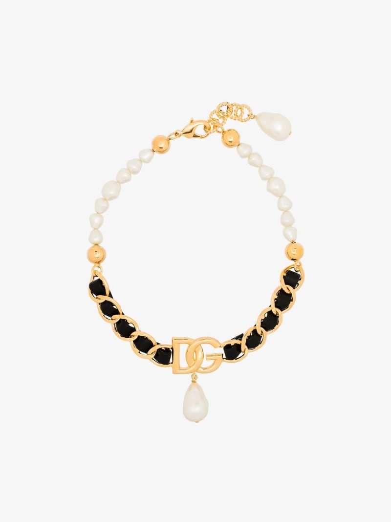 Gold Tone Dg Leather and Pearl Chain Choker Necklace