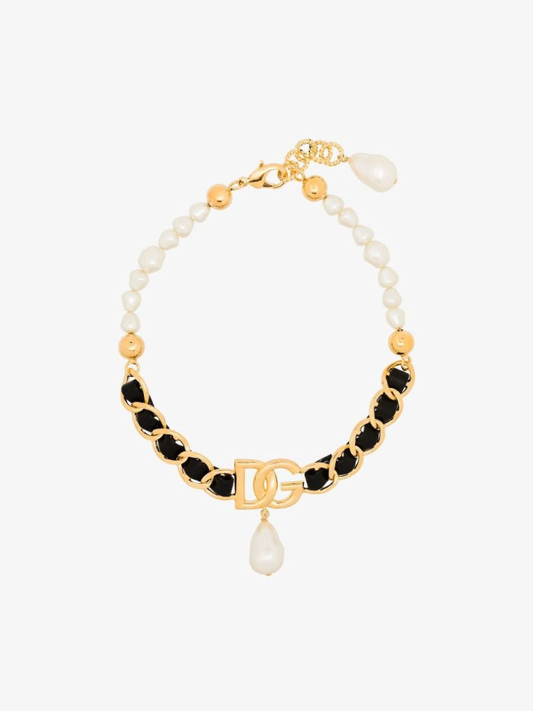 Gold Tone Dg Leather and Pearl Chain Choker Necklace