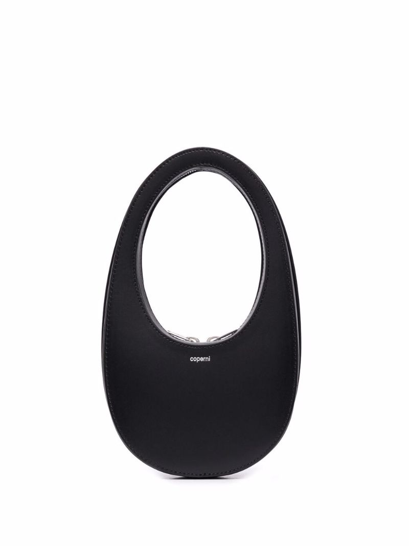 Black Curved Leather Top Handle Bag