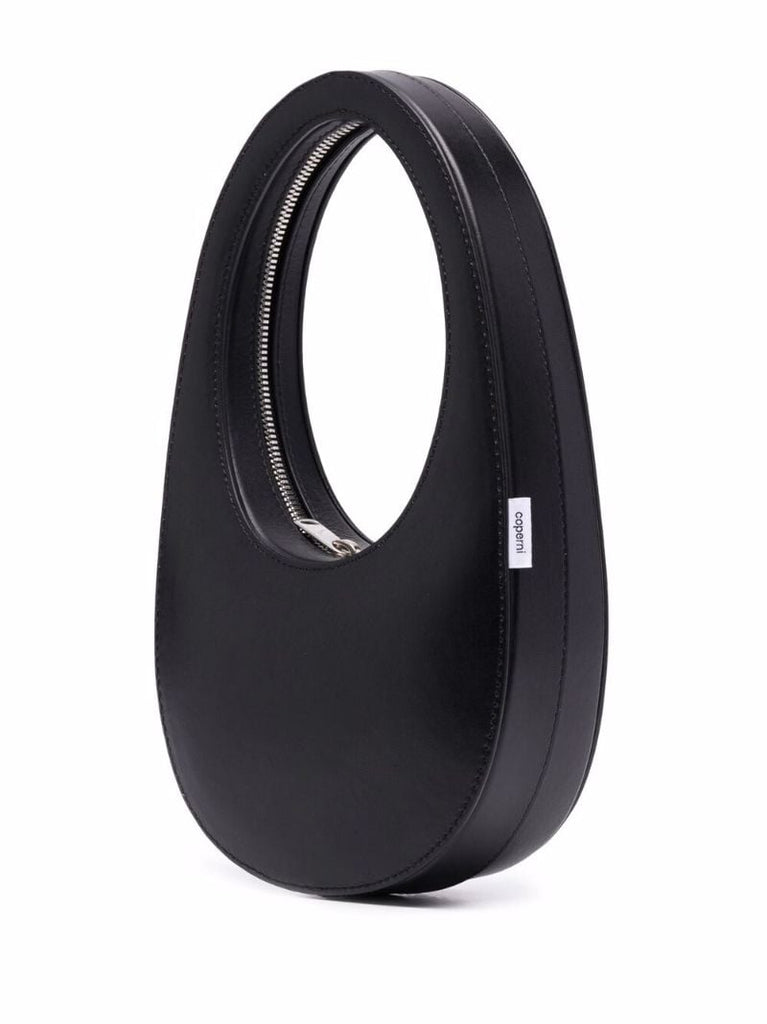 Black Curved Leather Top Handle Bag