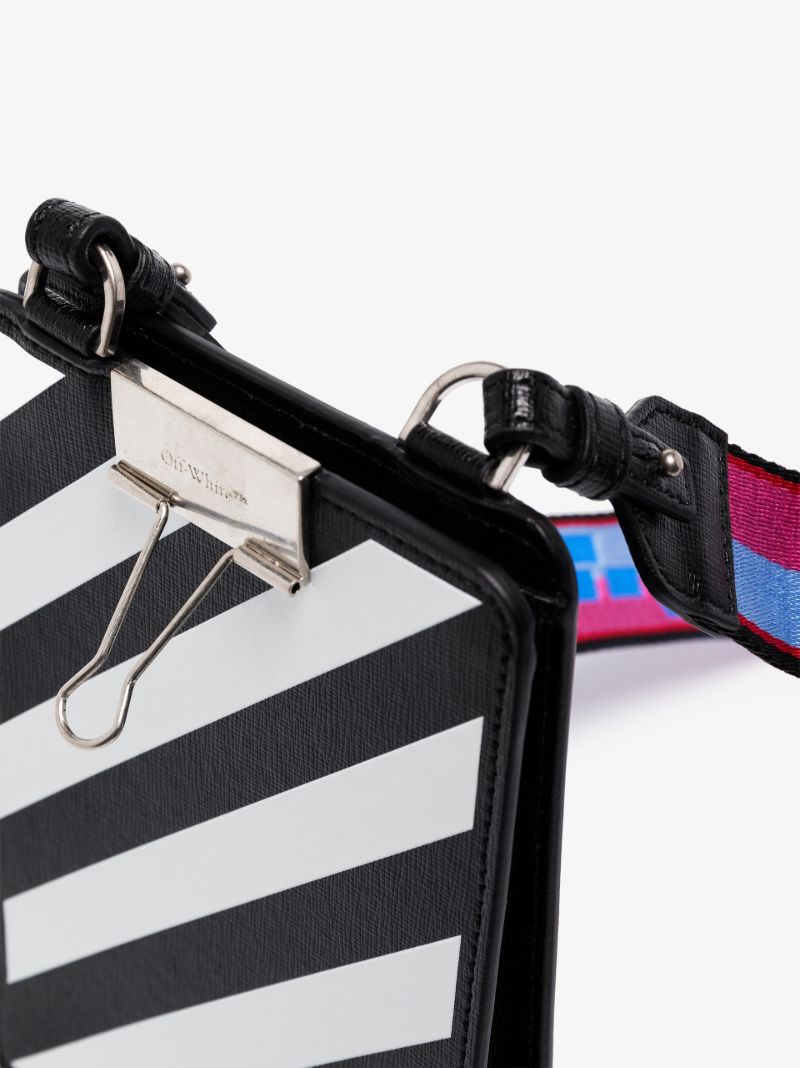 Black and White Diag Stripe Leather Phone Holder Bag
