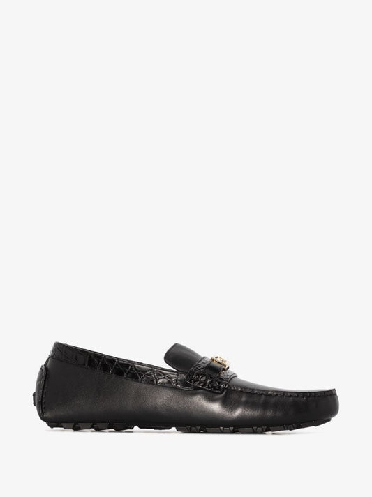Black Mock Croc Driver Leather Loafers