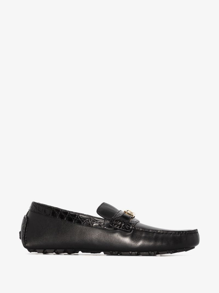 Black Mock Croc Driver Leather Loafers