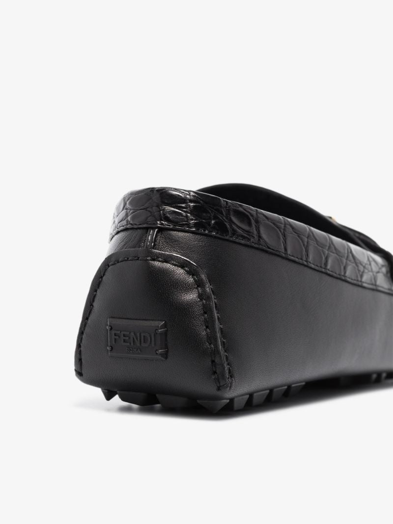Black Mock Croc Driver Leather Loafers
