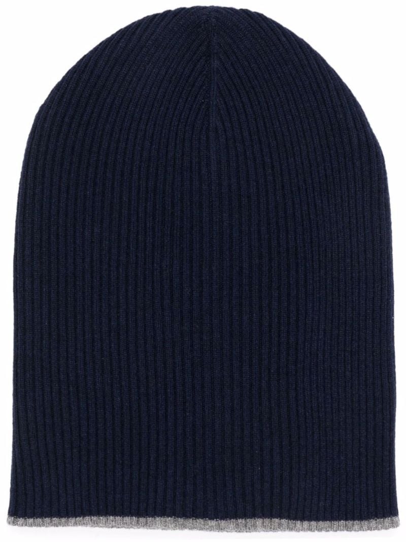 Blue Ribbed Cashmere Beanie