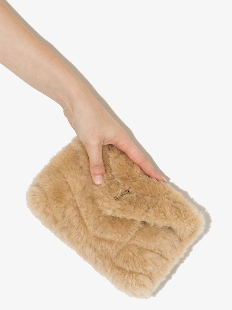 Neutral Puffer Shearling Pouch Bag