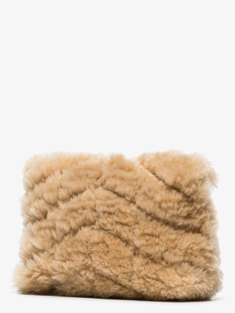 Neutral Puffer Shearling Pouch Bag