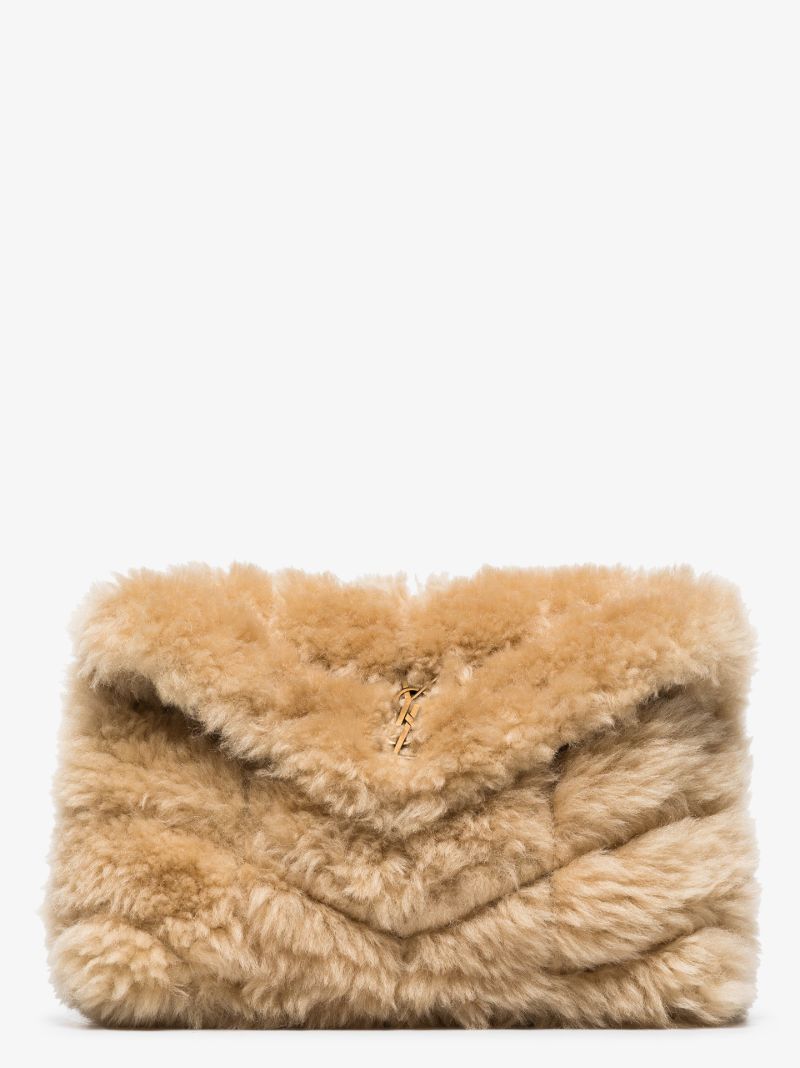 Neutral Puffer Shearling Pouch Bag