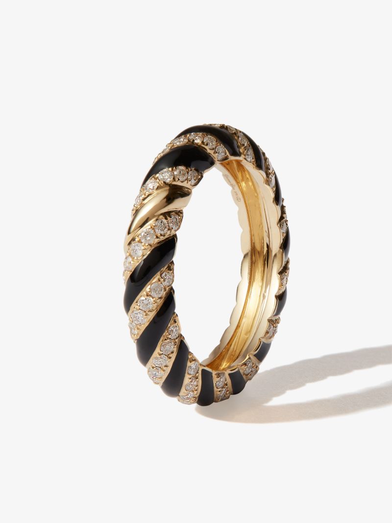 9k Yellow Gold Striped Enamel Diamond Ring