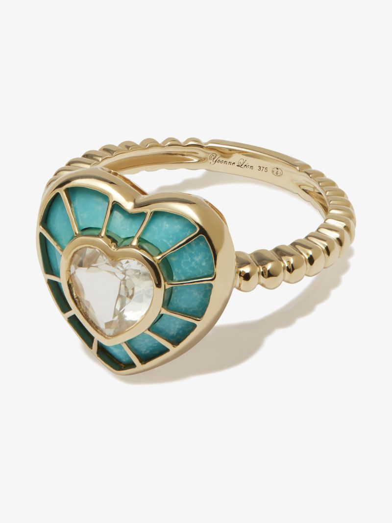 9k Yellow Gold Topaz and Turquoise Heart Ring