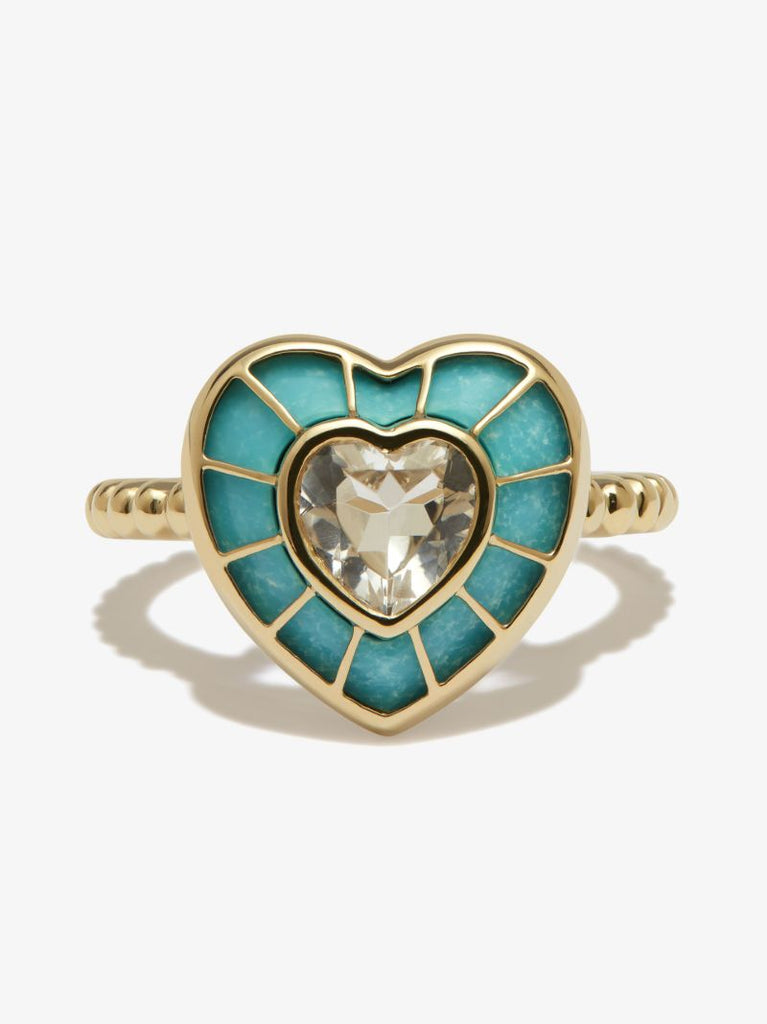 9k Yellow Gold Topaz and Turquoise Heart Ring