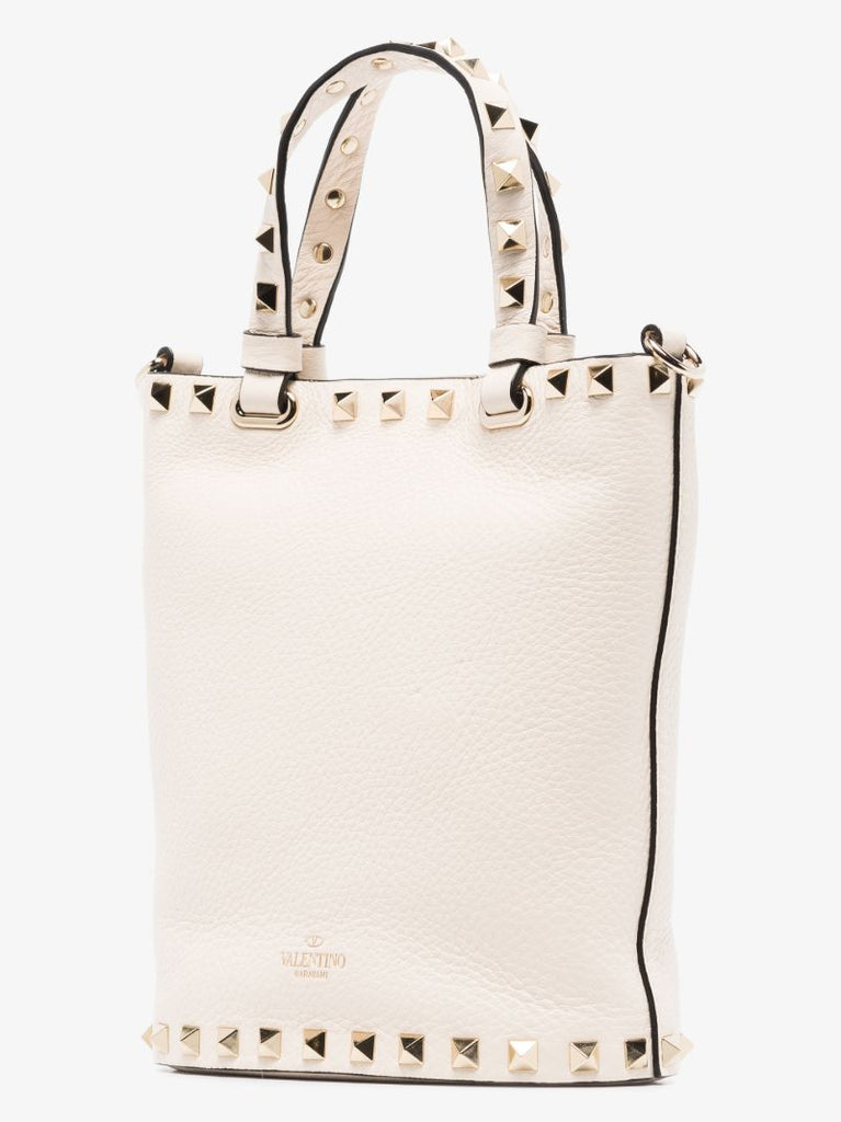 White Rockstud Leather Bucket Bag