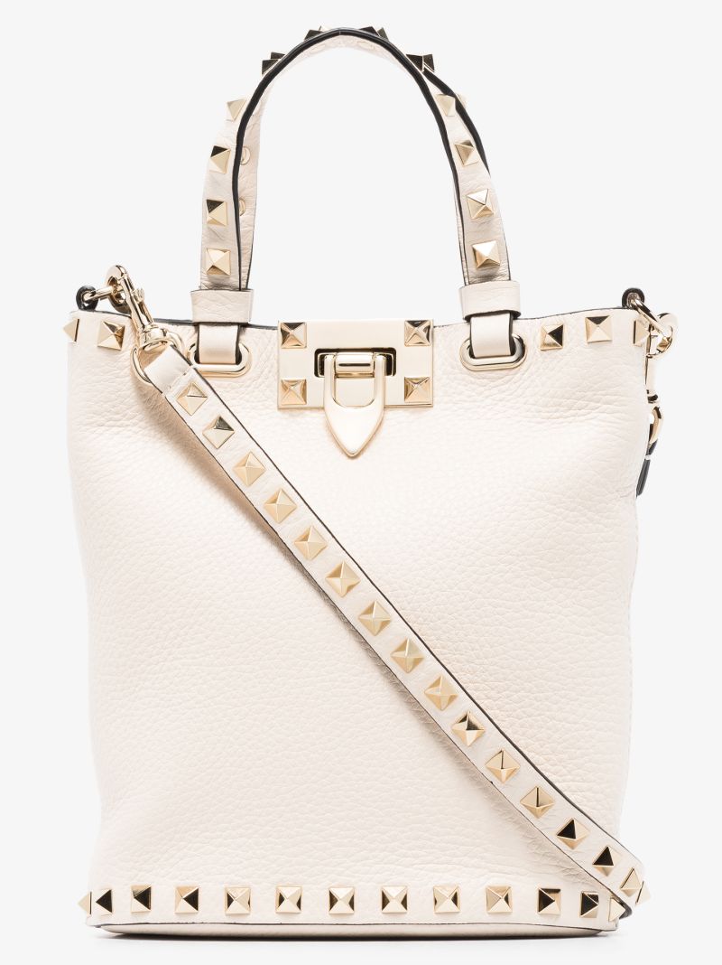 White Rockstud Leather Bucket Bag