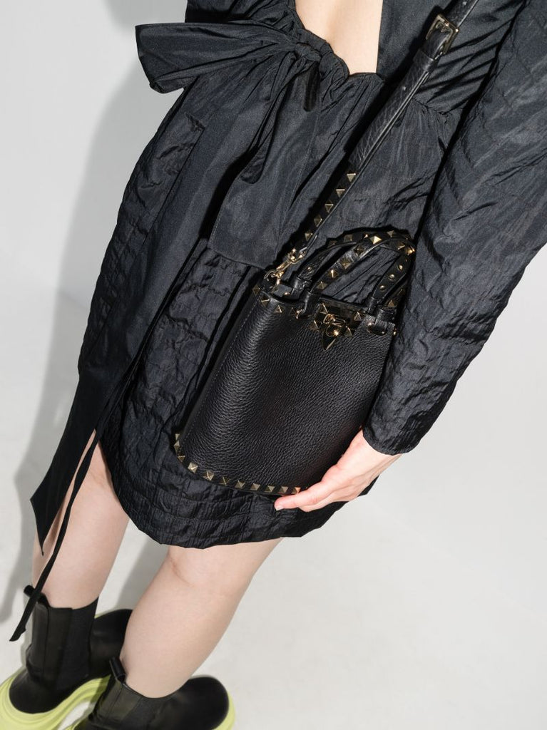 Black Rockstud Leather Bucket Bag
