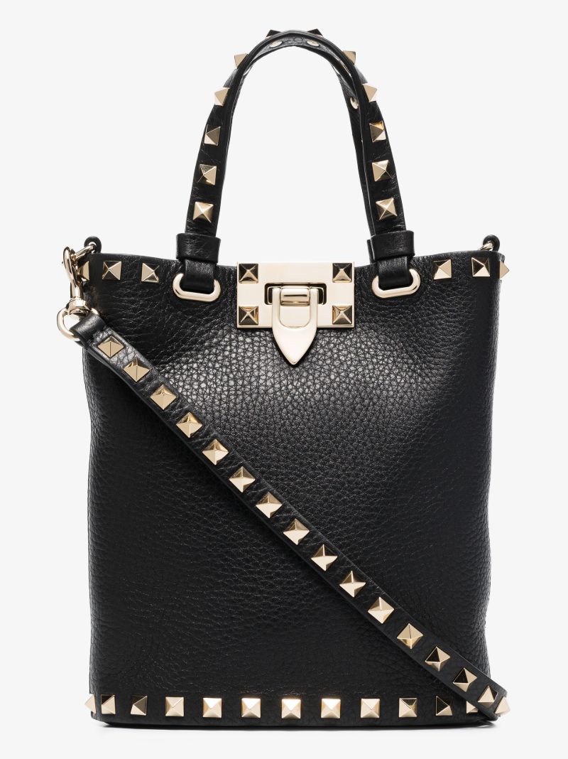 Black Rockstud Leather Bucket Bag