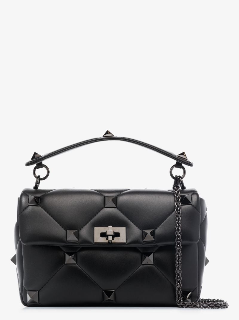 Black Roman Stud Medium Leather Shoulder Bag