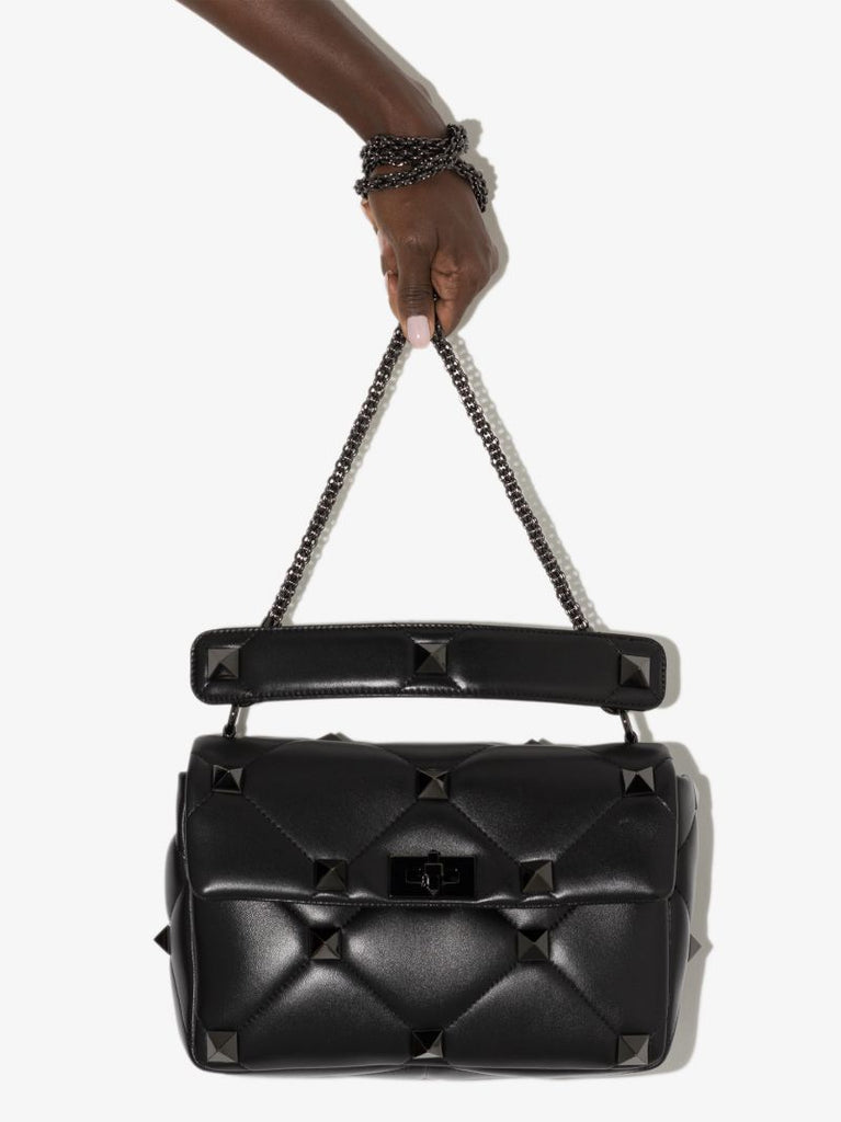 Black Roman Stud Medium Leather Shoulder Bag