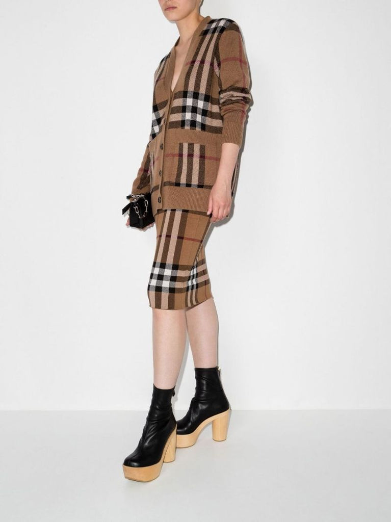 Brown Check Jacquard Midi Skirt