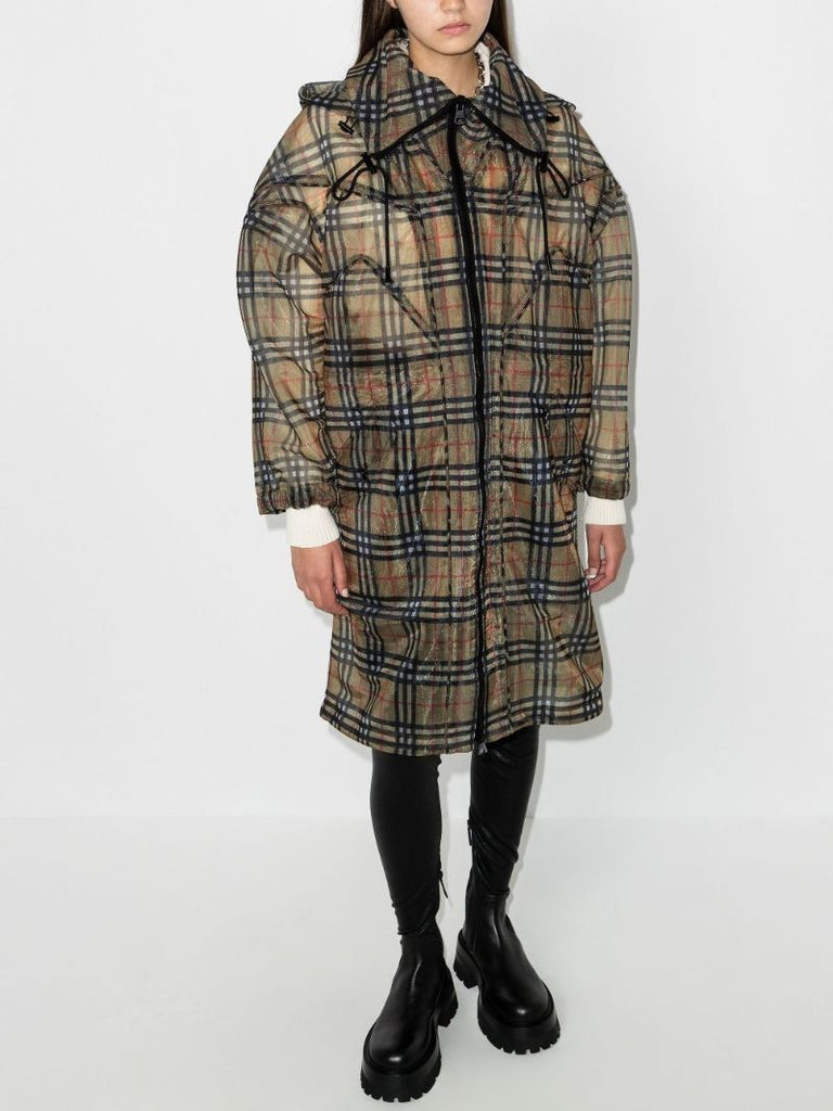 Neutral Vintage Check Mesh Parka Coat