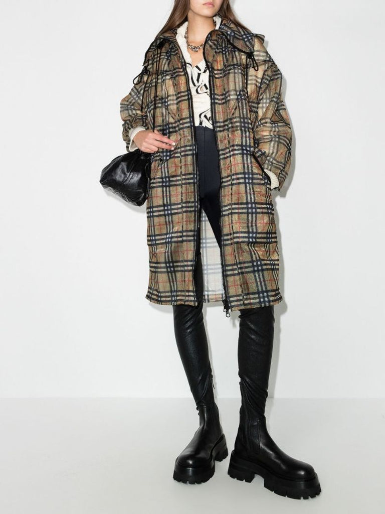 Neutral Vintage Check Mesh Parka Coat