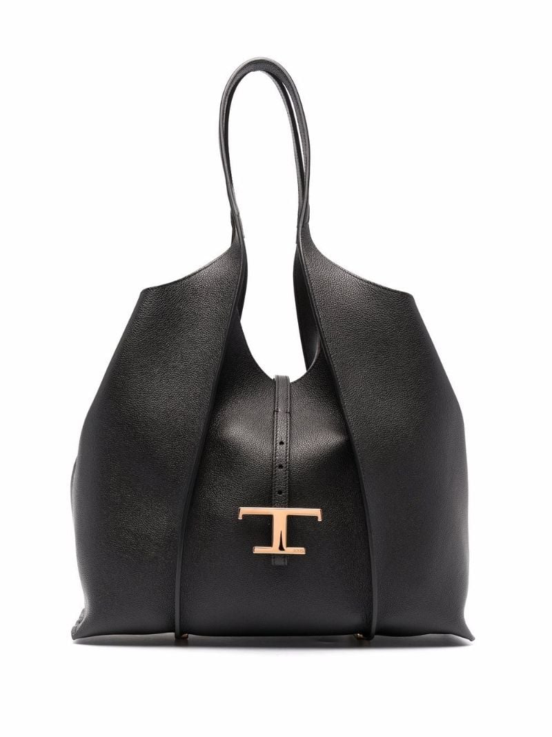 Black Logo Plaque Leather Tote Bag