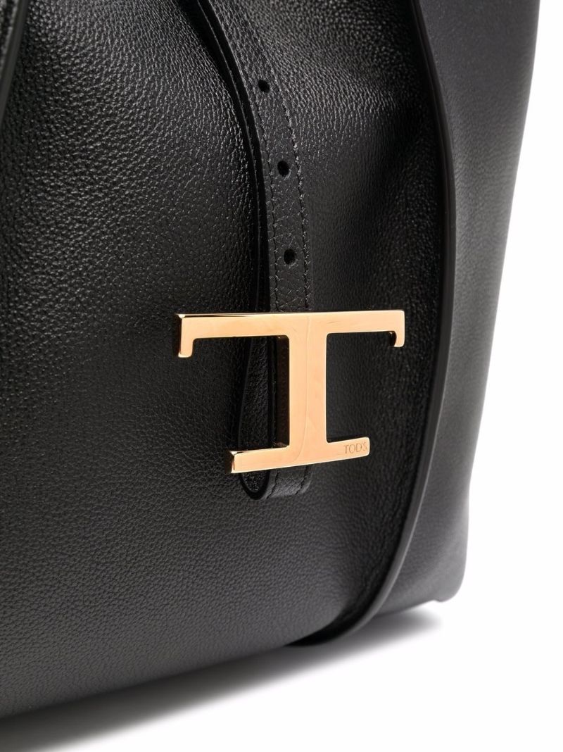 Black Logo Plaque Leather Tote Bag