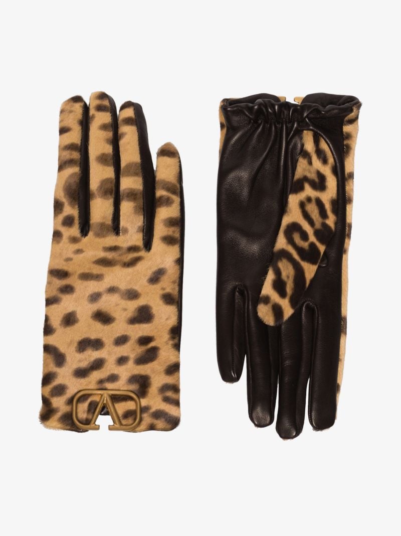 Brown Vlogo Leopard Print Leather Gloves
