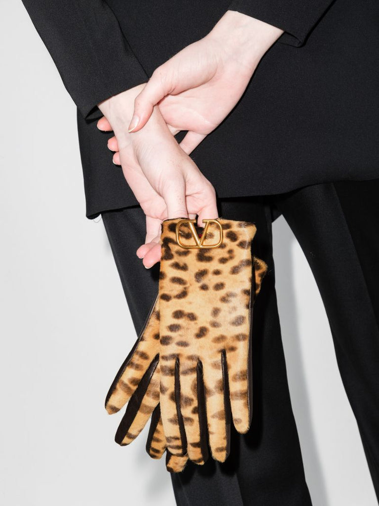 Brown Vlogo Leopard Print Leather Gloves