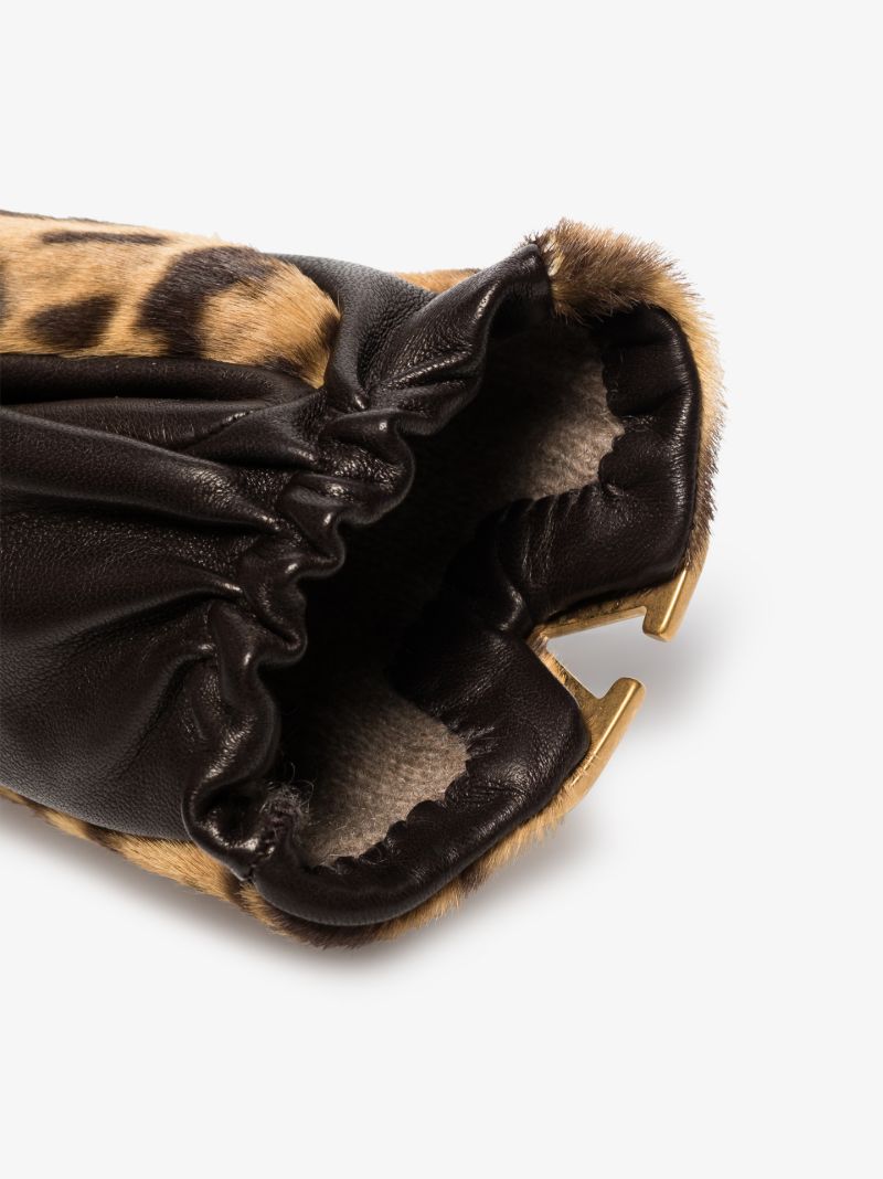 Brown Vlogo Leopard Print Leather Gloves