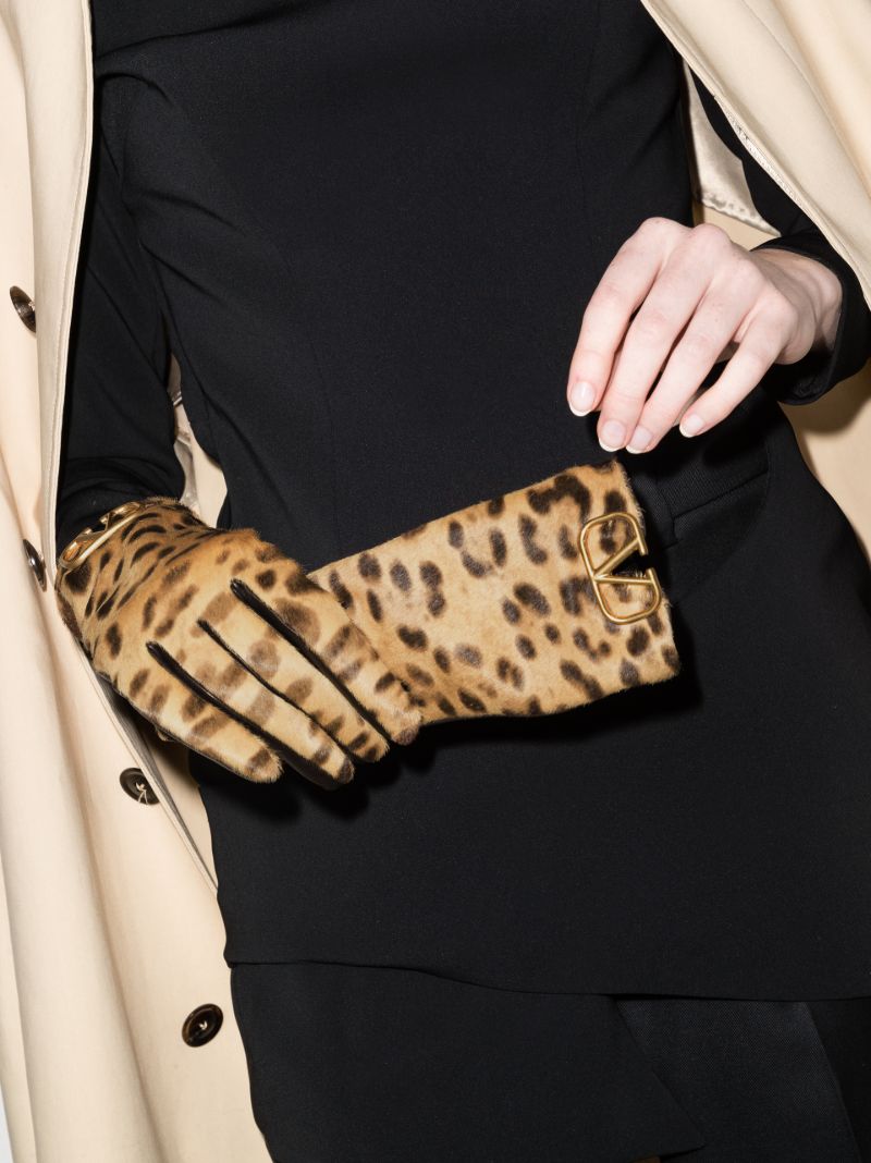 Brown Vlogo Leopard Print Leather Gloves